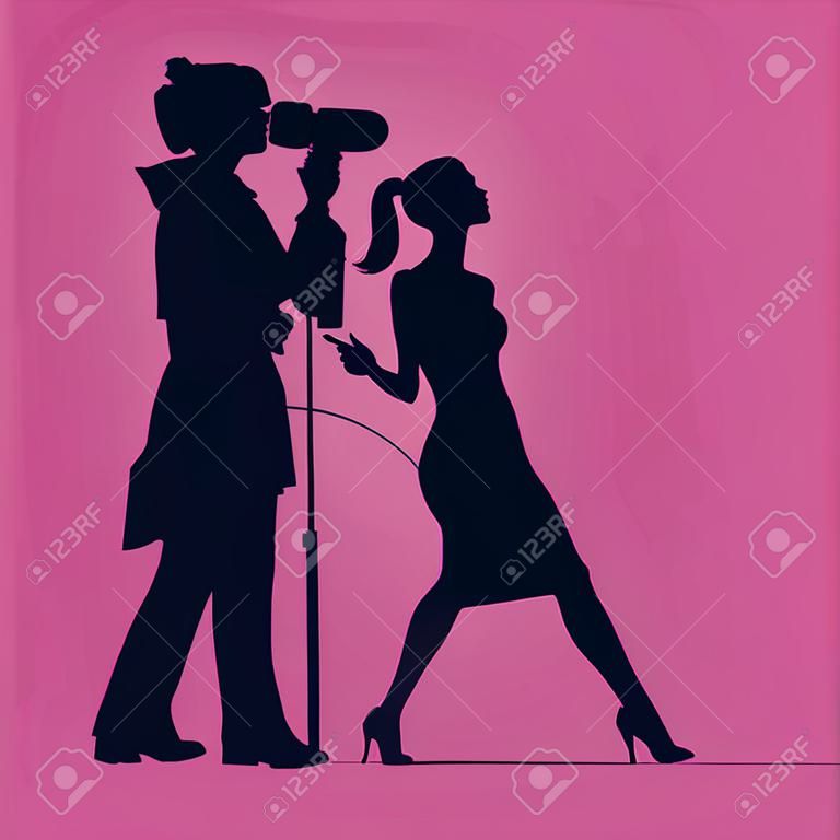 Силуэт женщины с микрофоном. Профессия: Тележурналист, журналист. Силуэт женщины на розовом фоне