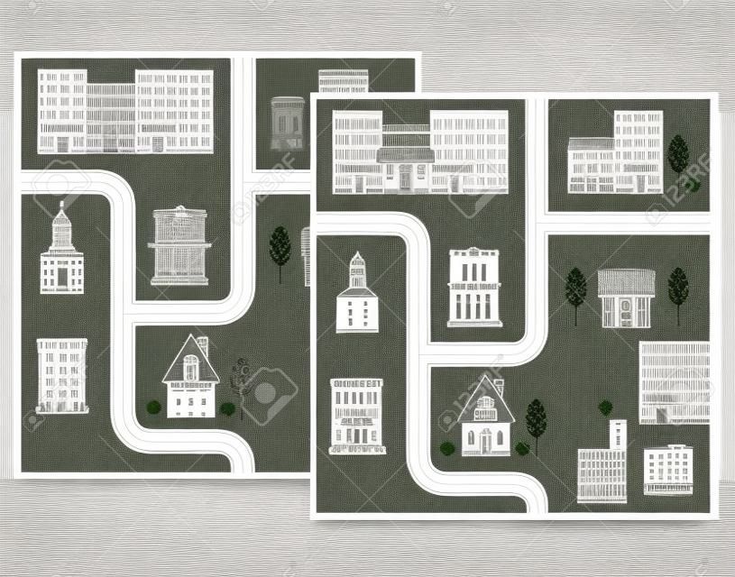 Mappa della città con diversi edifici, strade e alberi. Modello senza cuciture in bianco e nero e colore.