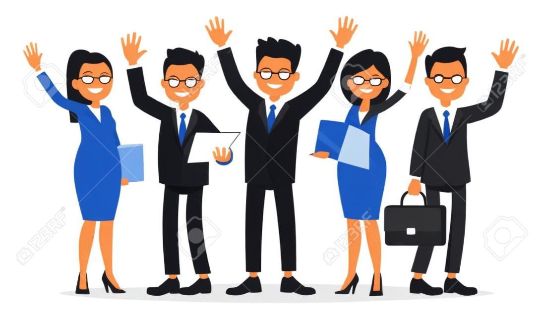 Люди, одетые в деловой костюм, подняв руки. Бизнес-группа на белом фоне. Векторная иллюстрация в плоском стиле
