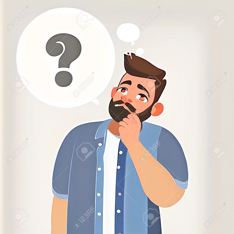 Man is thinking. Question mark. Vector illustration in cartoon style