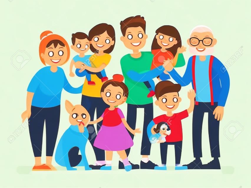 Mutlu aile. Baba, anne, büyükanne, büyükannesi, çocukları ve evcil hayvanları. Düz bir tarzda vektörel çizim
