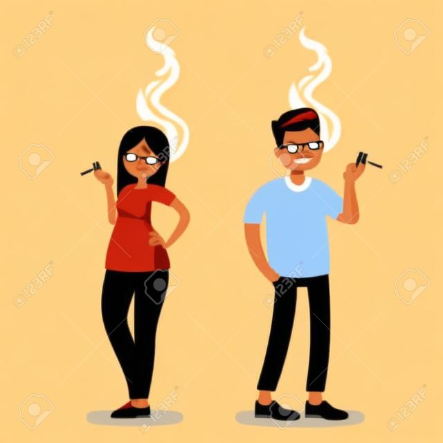Smoking people. Man and woman with a cigarette on isolated background. Vector illustration in a flat style