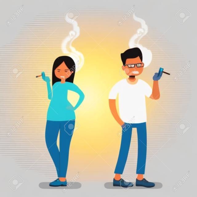 Gente che fuma Uomo e donna con una sigaretta su sfondo isolato. Illustrazione vettoriale in uno stile piatto