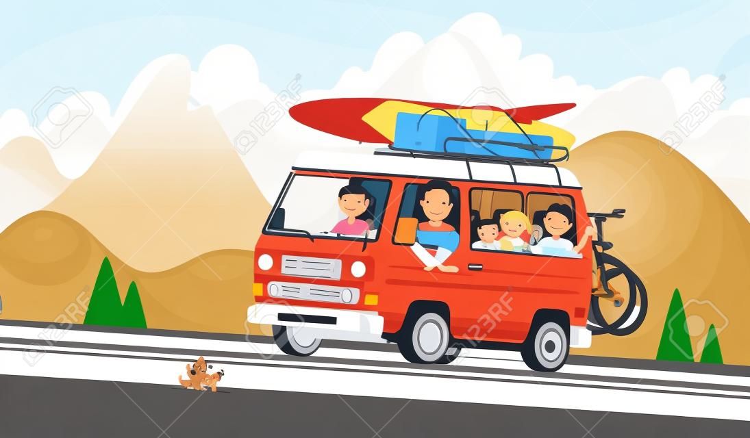 Feliz viaje familiar por carretera. Mamá, papá, niños y un perro viajando en una minivan turística al fondo de un paisaje montañoso. Ilustración vectorial en estilo de dibujos animados