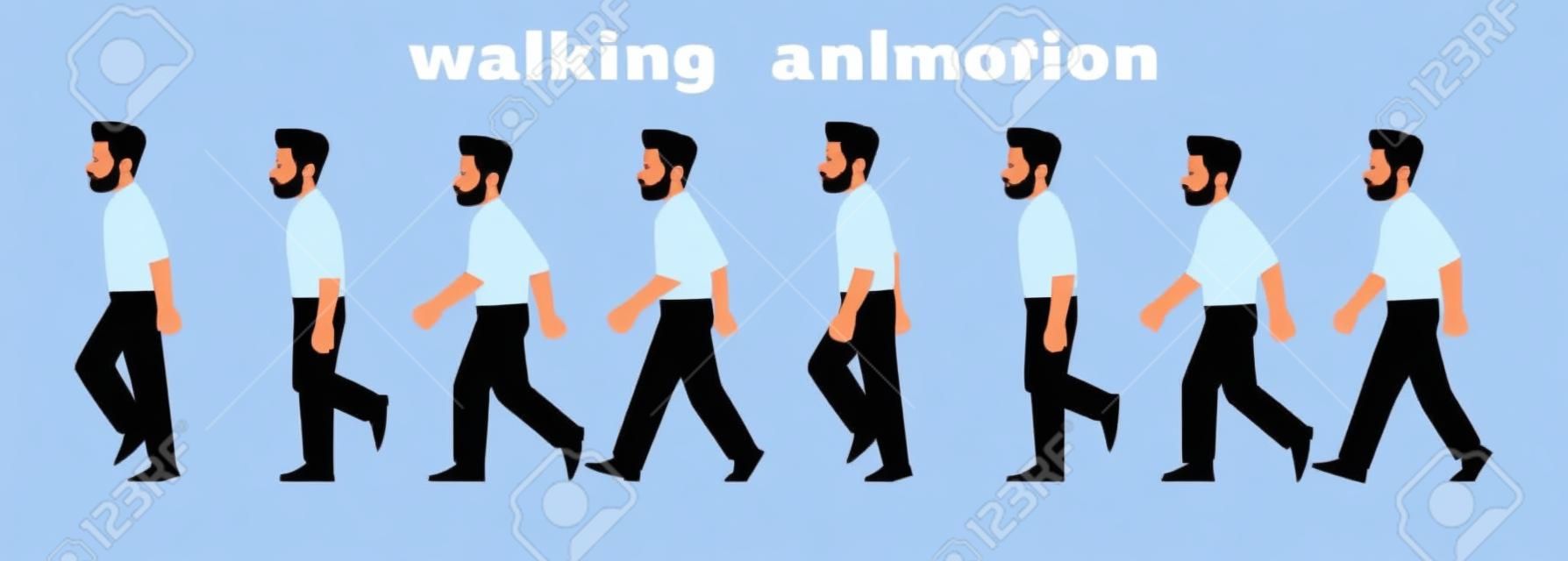男性キャラクターの歩行アニメーション。ビジネスマンは、写真のステップバイステップのサイクルで歩きます。漫画スタイルのベクトル図
