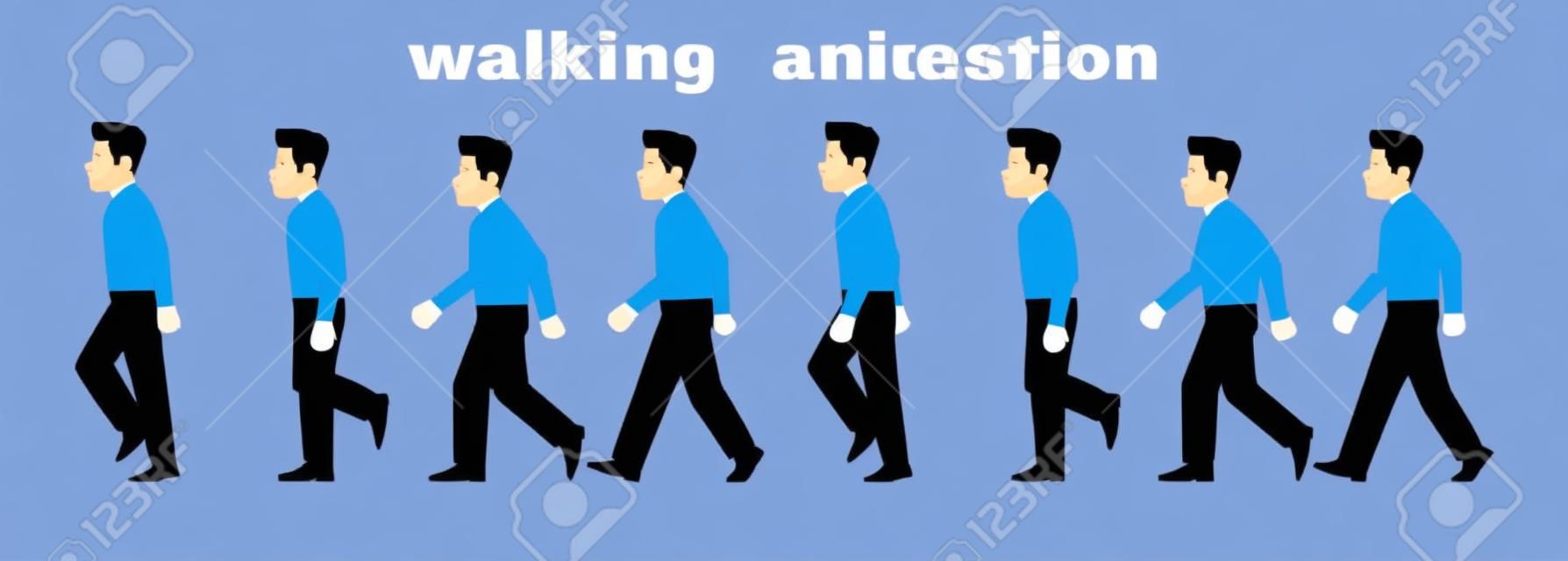 Man character walking animation. Businessman walks, a step by step cycle of pictures. Vector illustration in cartoon style