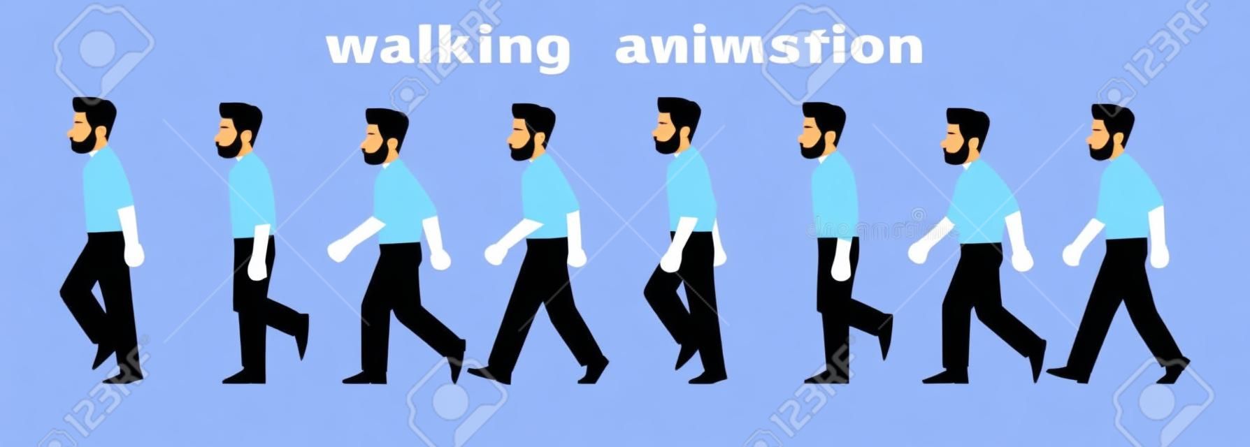 男性キャラクターの歩行アニメーション。ビジネスマンは、写真のステップバイステップのサイクルで歩きます。漫画スタイルのベクトル図