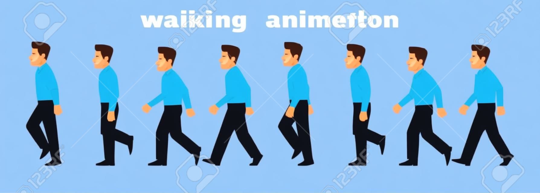 Gehende Animation des Manncharakters. Geschäftsmann geht, ein Schritt-für-Schritt-Zyklus von Bildern. Vektor-Illustration im Cartoon-Stil