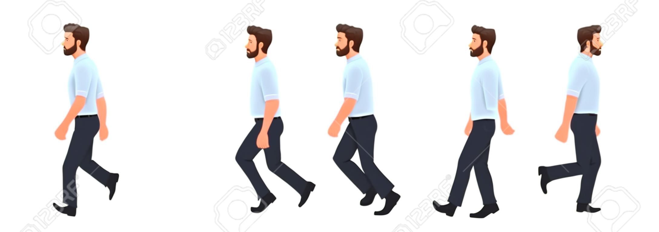 Animacja chodzenia postaci człowieka. spacery biznesmena, cykl zdjęć krok po kroku. ilustracja wektorowa w stylu kreskówki