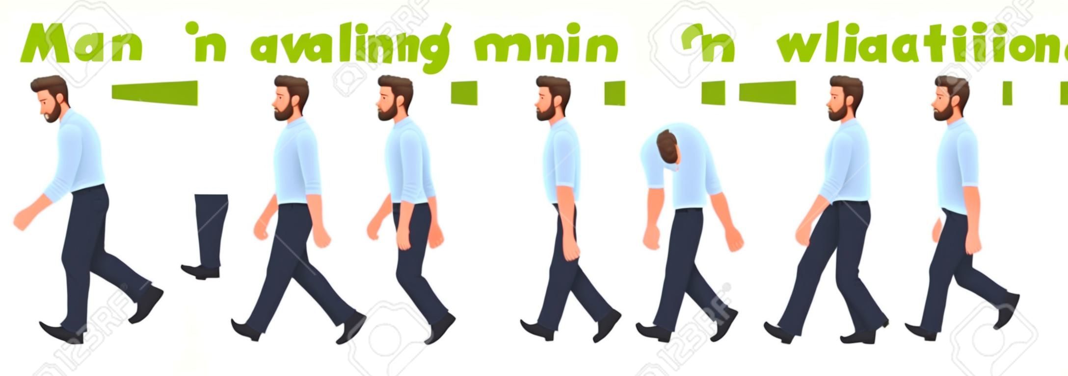 Animacja chodzenia postaci człowieka. spacery biznesmena, cykl zdjęć krok po kroku. ilustracja wektorowa w stylu kreskówki