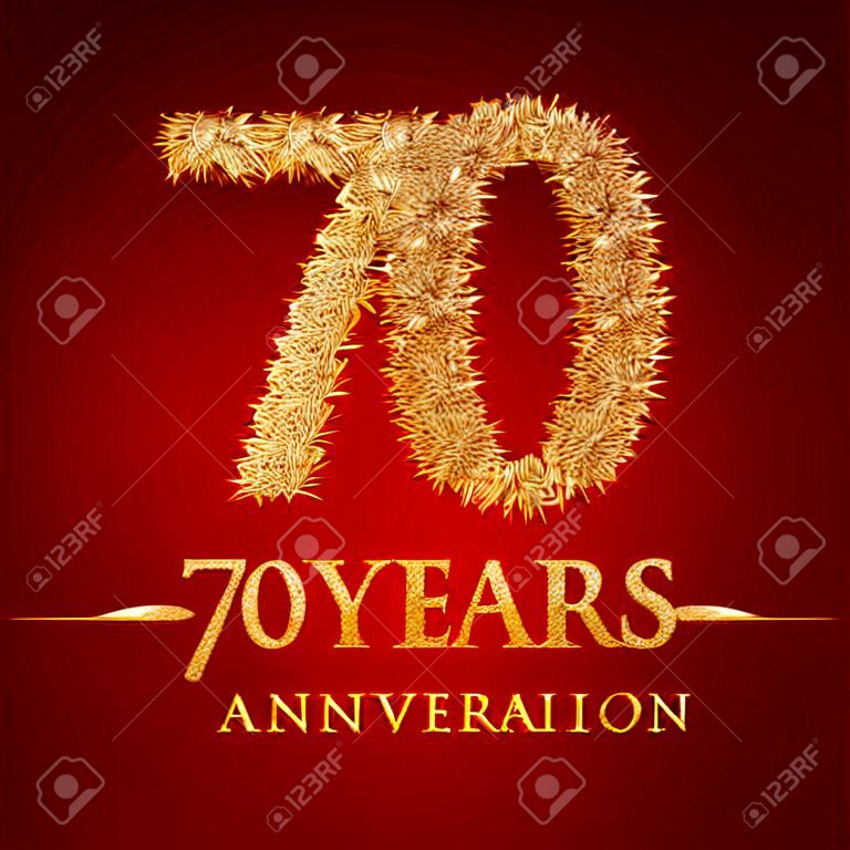 Logo de célébration d'anniversaire de 70 ans. Logo or tas de riz sec sur fond rouge. Nid de numéro et feuille d'or fuzz.