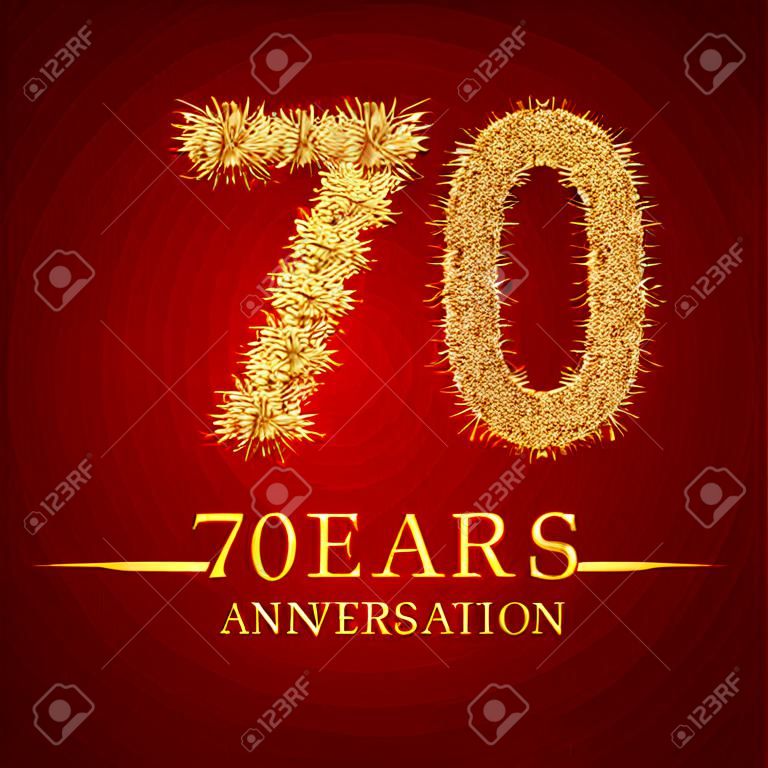 Logotipo de celebración de aniversario de 70 años. Pila de logo dorado de arroz seco sobre fondo rojo. Nido de números y lámina de oro fuzz.
