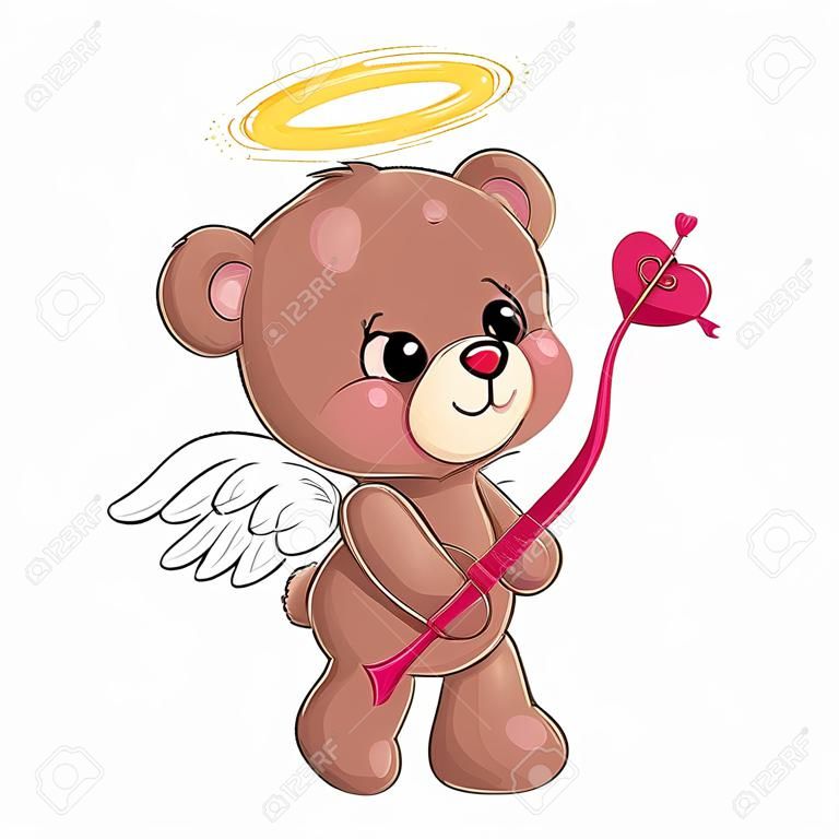 큐피드의 화살을 가진 귀여운 작은 천사 테디베어. 성 발렌타인의 날 인사말 카드입니다. 봉제 친구.