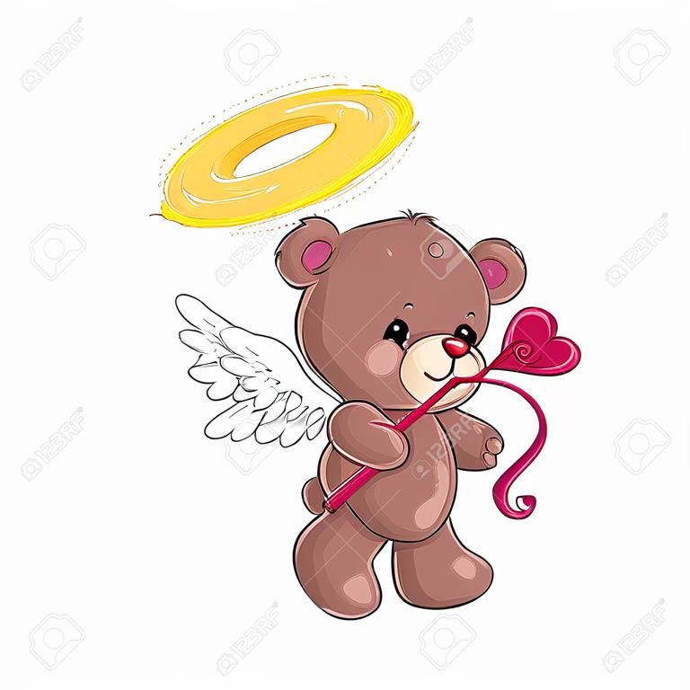 Cute little angel teddy bear with arrow of cupid. Greeting card with St. Valentine's Day. Plush friend.