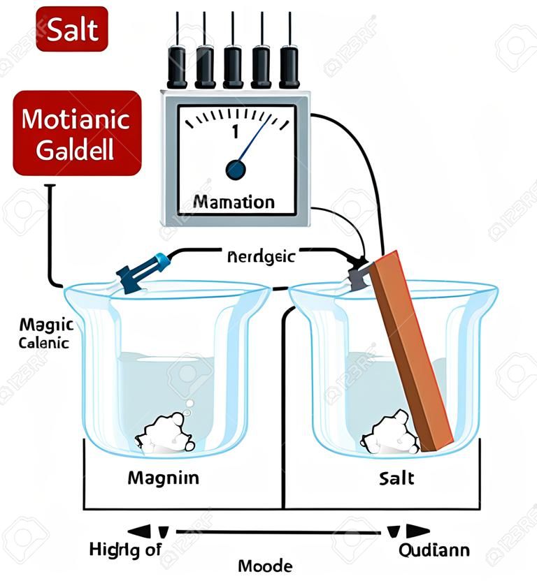 Célula galvânica voltaica com cátodo de cobre e voltímetro de ponte de sal de ânodo de magnésio e processo de oxidação e diagrama de redução para educação em física e química