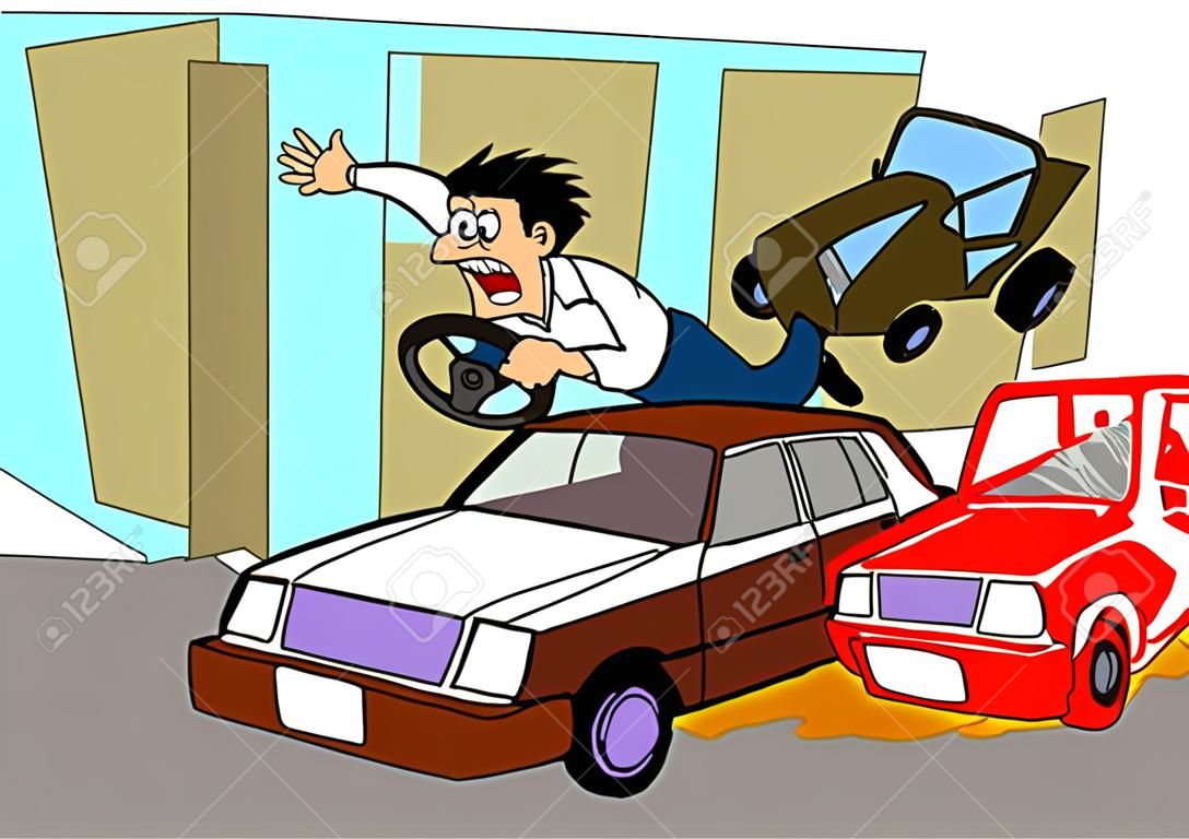 Wypadek samochodowy Conceptual Rysunek przedstawiający dwa pojazdy zaangażowane i kierowca tylny samochód wyrzucony z przedniej szyby z kierownicą na jego dłoni, gdy przekroczył próg prędkości i pasów bezpieczeństwa nie ma bezpiecznej odległości