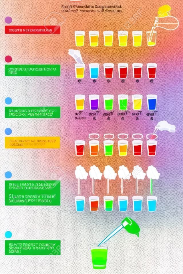 Sugar Rainbow Experiment infographic diagram showing density differences in a colorful stalk of sugar water samples in lab for chemistry and physics science lab education
