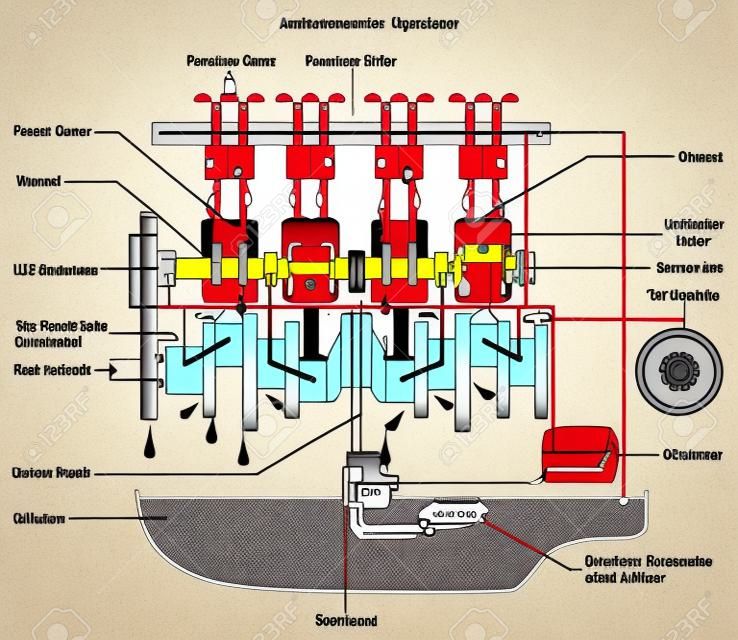 Diagramma infografica del sistema di lubrificazione del veicolo che mostra la sezione trasversale del motore dell'auto con tutte le parti e il percorso dell'olio lubrificante e del filtro e del misuratore della pentola per l'educazione alla consapevolezza della sicurezza meccanica e stradale