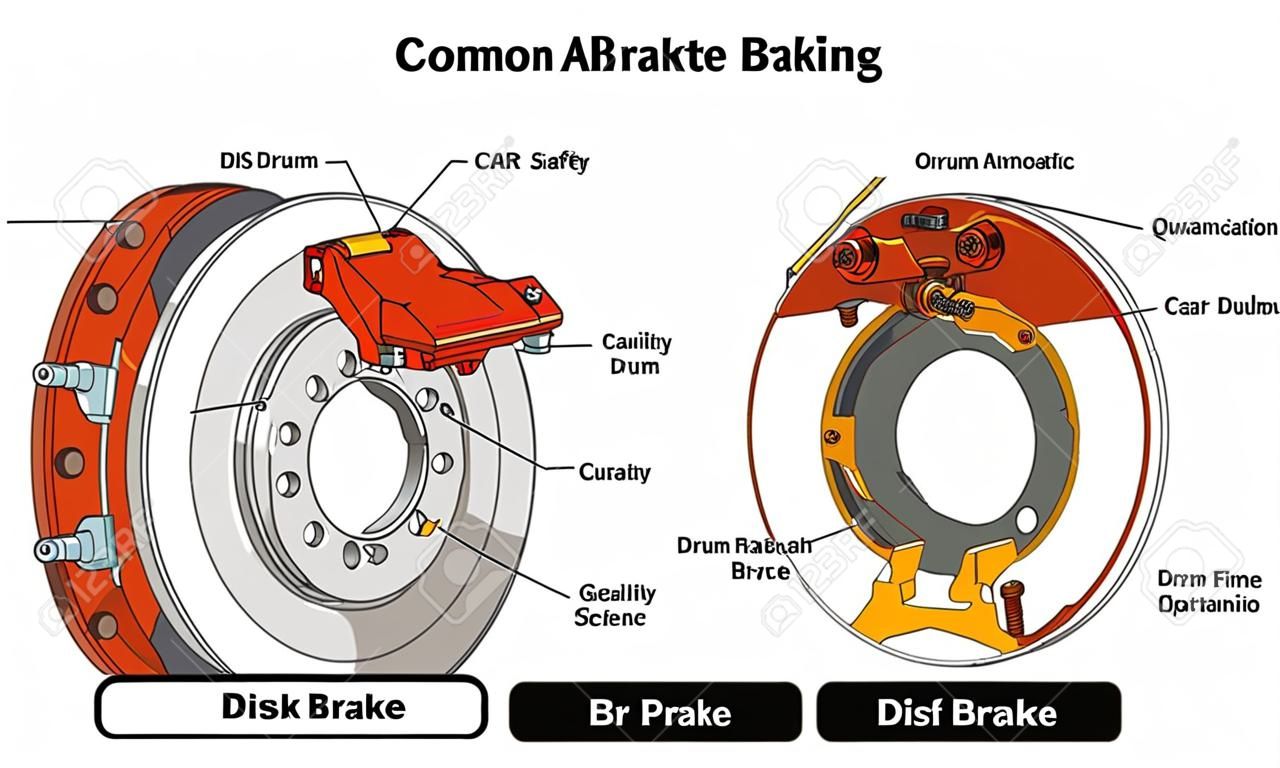 일반적인 자동차 브레이크 시스템 도로 교통 안전 인식 및 기계 과학 교육을위한 모든 부품으로 두 가지 유형의 디스크 및 드럼 자동차 브레이크를 보여주는 인포 그래픽 다이어그램