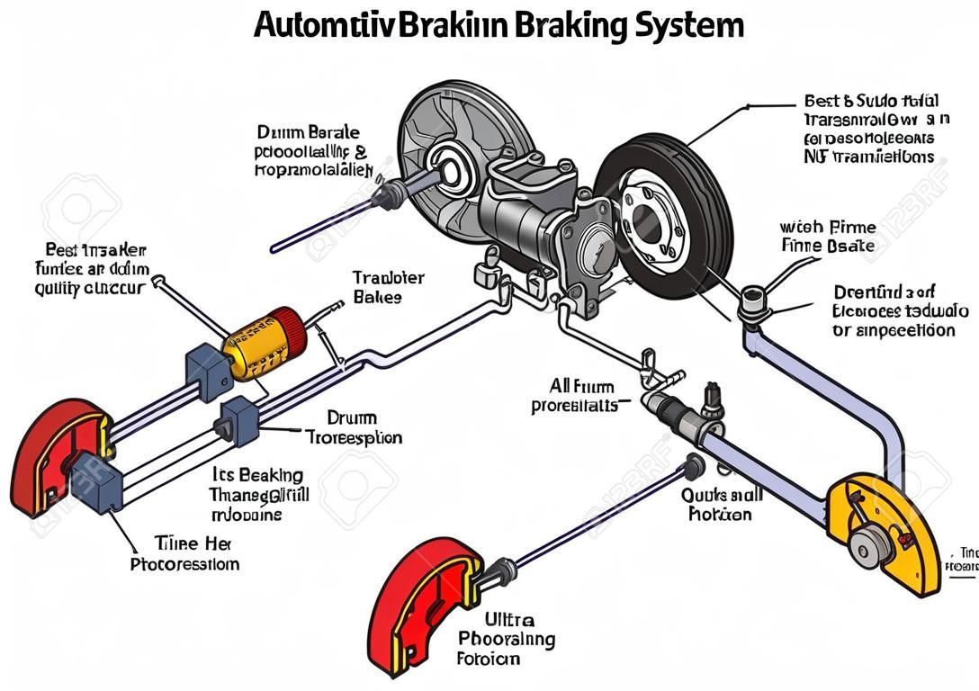 자동차 제동 시스템 전륜 및 후방 드럼 브레이크를 보여주는 인포 그래픽 다이어그램과 구조 및 모든 부분의 운송 기술로 작동하는 방식 도로 교통 과학 교육