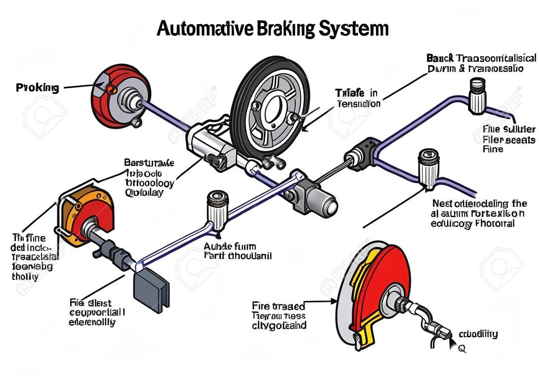 Otomotiv Fren Sistemi Ön disk ve arka tambur frenlerini gösteren infografik diyagram ve yapılı bir arabada nasıl çalıştığı ve ulaşım teknolojisi trafik fen eğitimi