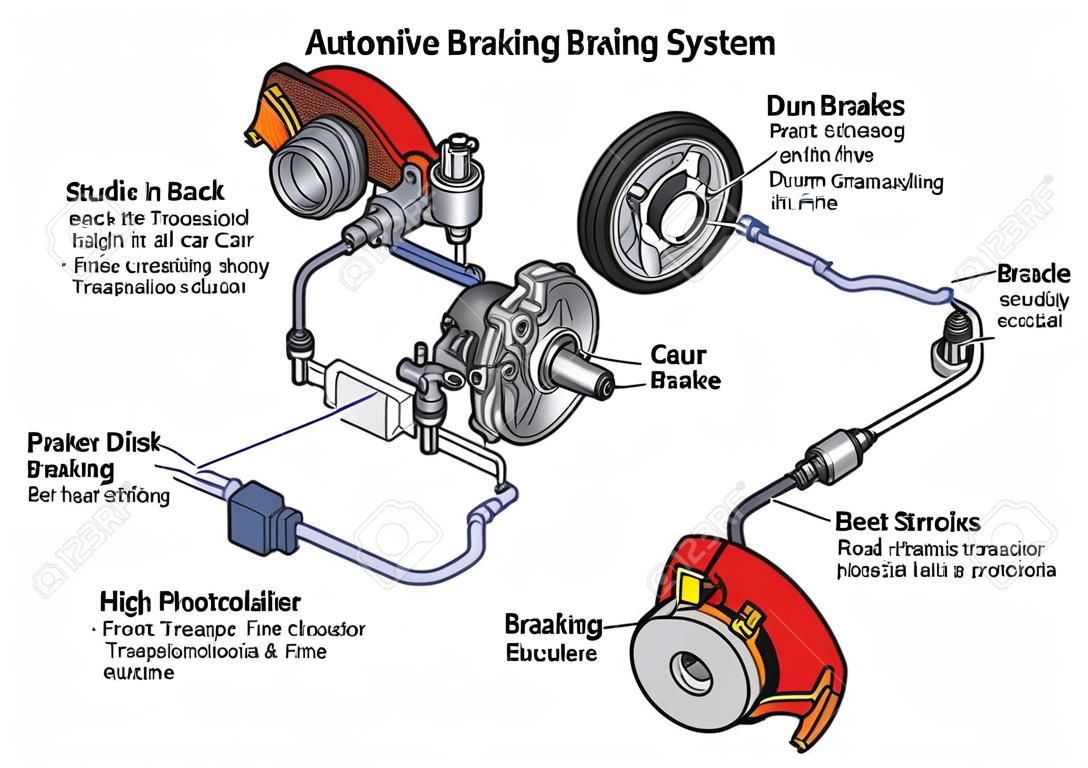 Schéma infographique du système de freinage automobile montrant les freins avant et arrière du tambour et comment il fonctionne dans une voiture avec structure et tout pour la technologie des transports