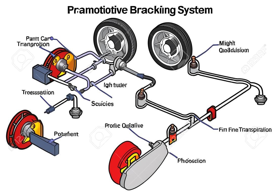 Automotive Braking System infographic diagram showing front disk and back drum brakes and how it works in a car with structure and all part for transportation technology road traffic science education