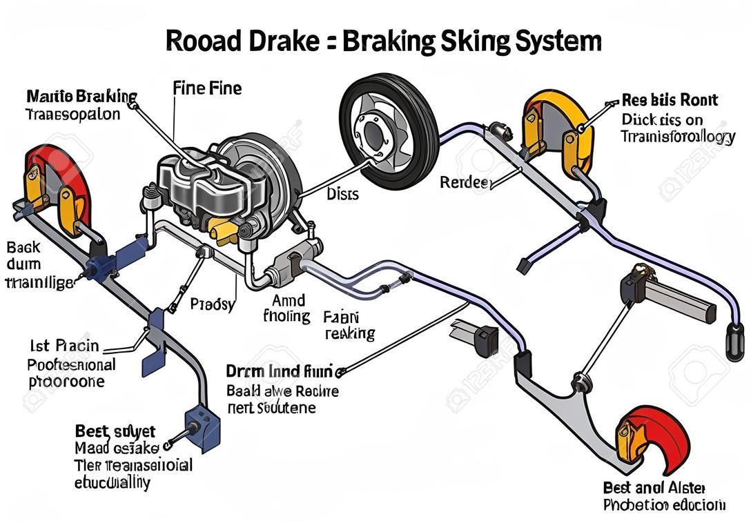 자동차 제동 시스템 전륜 및 후방 드럼 브레이크를 보여주는 인포 그래픽 다이어그램과 구조 및 모든 부분의 운송 기술로 작동하는 방식 도로 교통 과학 교육