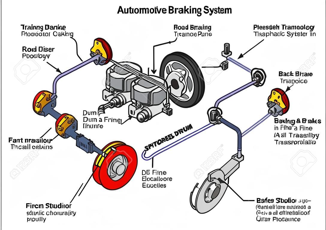 Otomotiv Fren Sistemi Ön disk ve arka tambur frenlerini gösteren infografik diyagram ve yapılı bir arabada nasıl çalıştığı ve ulaşım teknolojisi trafik fen eğitimi