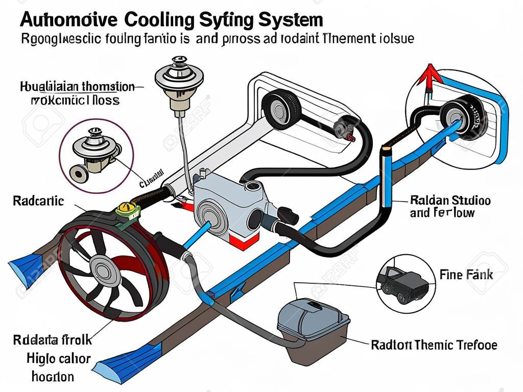 Automotive Cooling System infografika schemat przedstawiający proces i wszystkie części zawarte przewody chłodnicy przepływu chłodziwa termostat wentylator zbiornika i przepływu powietrza dla mechaniki i ruchu drogowego bezpieczeństwo nauka edukacja