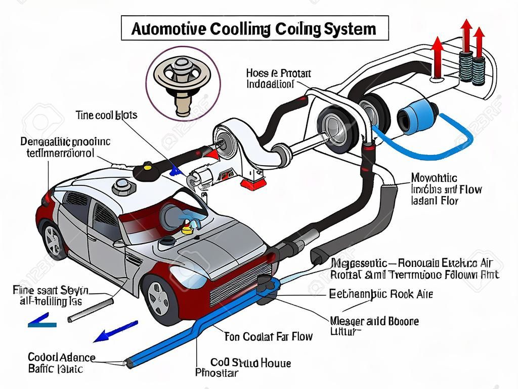 Diagramma infografica del sistema di raffreddamento per autoveicoli che mostra il processo e tutte le parti inclusi tubi del radiatore, serbatoio del termostato del flusso del liquido di raffreddamento e flusso d'aria per l'educazione scientifica sulla sicurezza del traffico stradale e meccanico