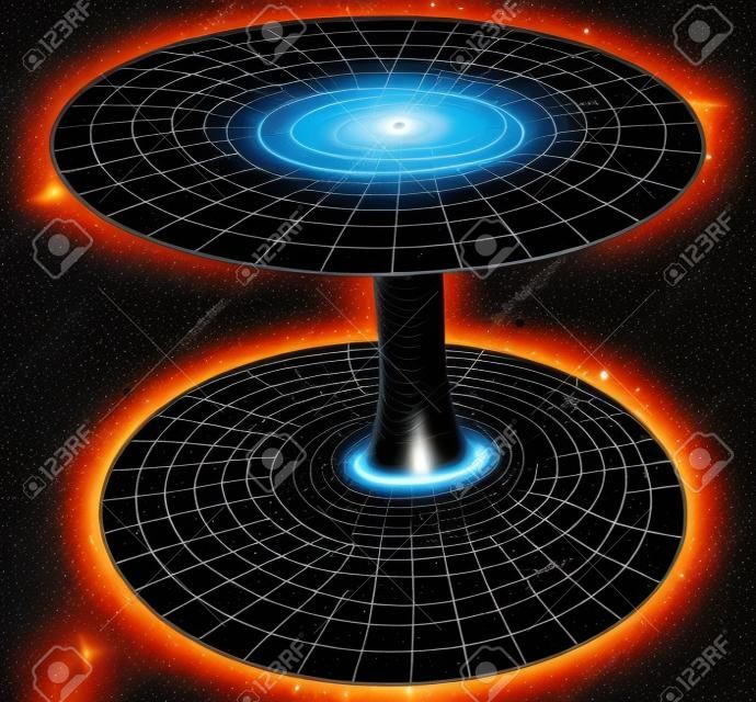 Le concept de théorie de la relativité montrant une esquisse d'un trou noir ou trou de ver avec un fond de champ spatial rempli d'étoiles et de la relation entre la vitesse de la lumière de masse de l'énergie du temps pour l'éducation en sciences physiques