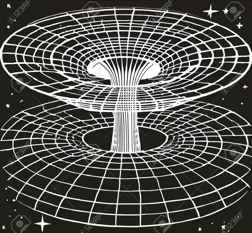 相對論理論概念展示了一個黑洞或蟲洞的草圖，其空間場背景充滿了星星，並且與時間能量質量光速之間的關係用於物理科學教育