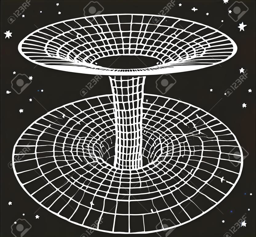 A relativitási elmélet Koncepció fekete vázlat vagy féreglyuk rajzát ábrázolja űrkutatási háttérrel csillagokkal töltött idő és idő viszonya energiamagasság fénysebesség a fizikai tudományok oktatásához