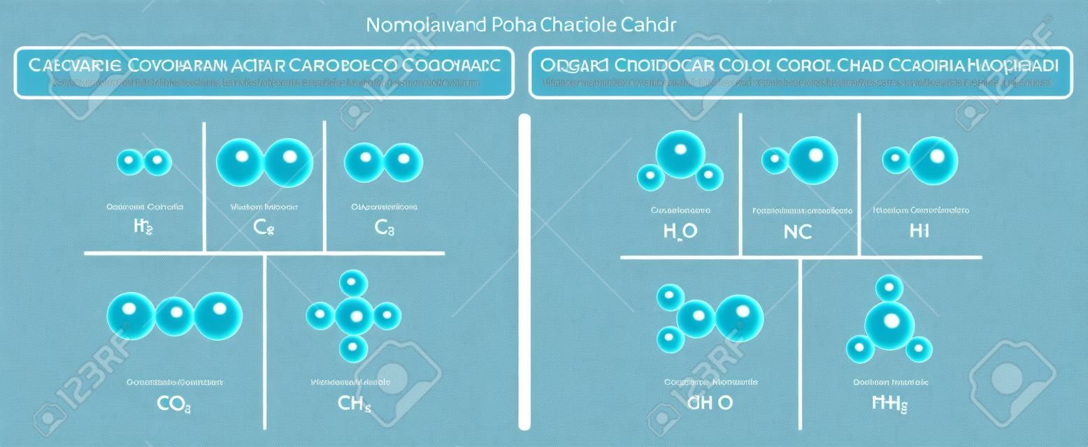 Diagrama de infográfico de ligações covalentes não polares e polares com exemplos de formaldeído de água de metano de dióxido de carbono de oxigênio de hidrogênio e moléculas de amônia para educação científica em química