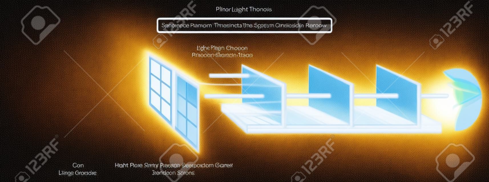 물리학 과학 교육을 위해 광원 태양과 광선이 투명한 물체 창 유리를 직선으로 통과하는 것을 보여주는 Light Travels 인포그래픽 다이어그램