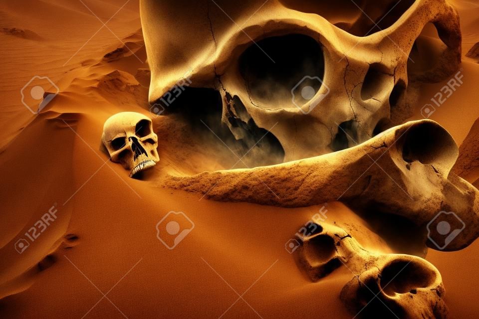 cráneo y huesos en el desierto