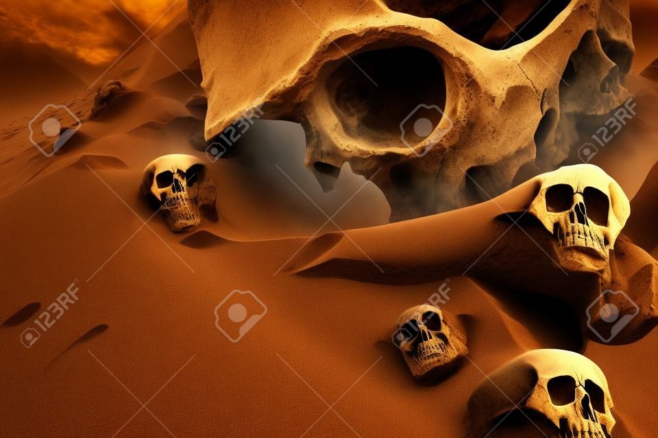 cráneo y huesos en el desierto