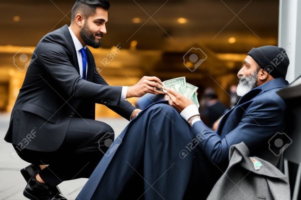 Un uomo gentile in completo accovacciato ai senzatetto e donava denaro, una banconota da un dollaro al mendicante maschio