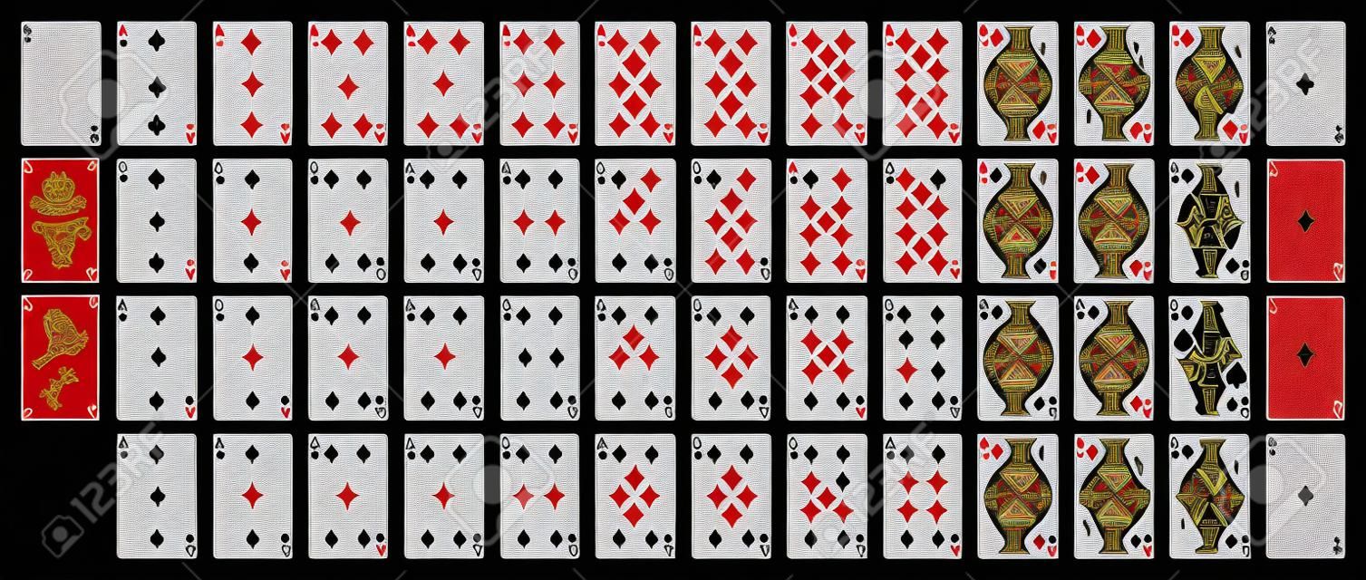 52 russische Spielkarten mit Jokern. Pokerset mit isolierten Karten auf schwarzem Hintergrund. Pokerspielkarten, volles Deck.