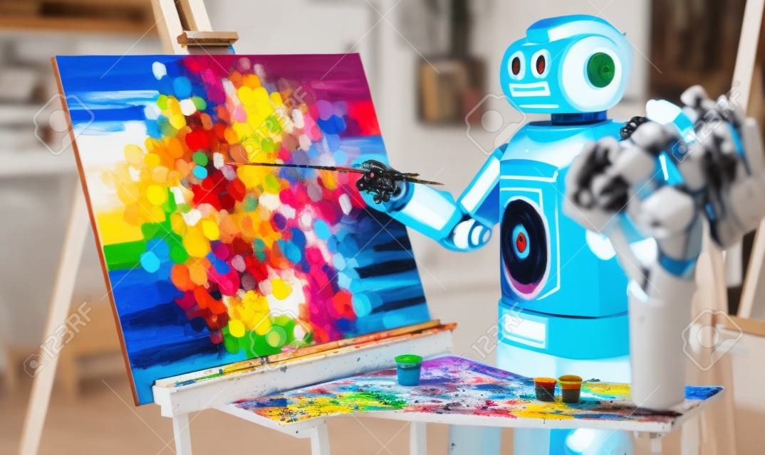 A robot painting a picture on an easel