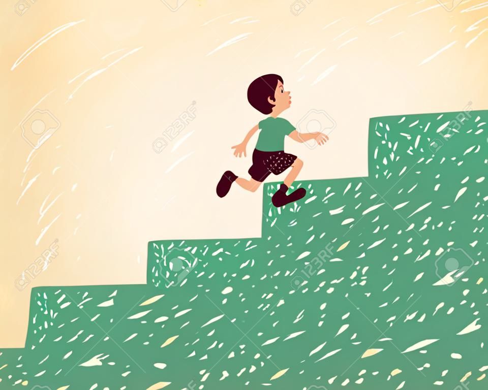 Vector illustration. Boy goes up the stairs. Way to success