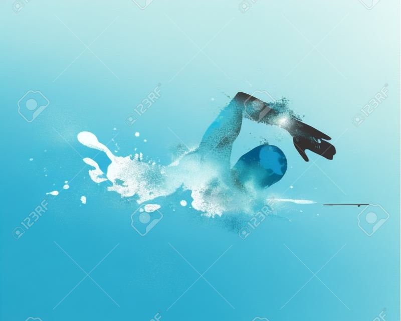 Swimming man. Vector watercolor blue splash paint