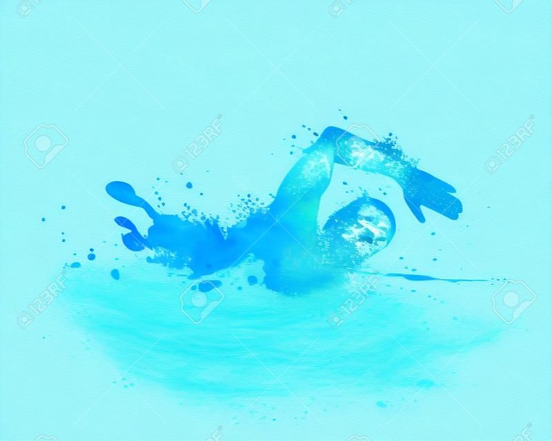 游泳的人。矢量水彩潑藍色油漆
