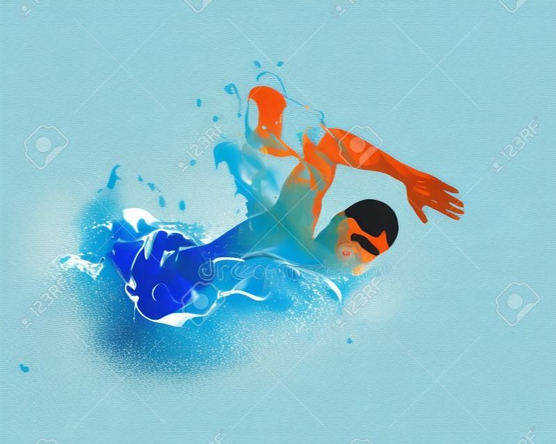 Pływanie człowieka. Splash niebieską farbą ilustracji wektorowych