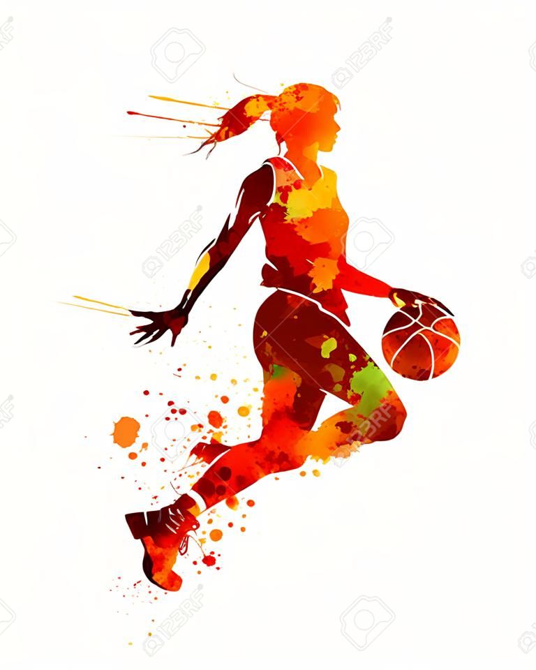 Giocatore di pallacanestro della donna. Spruzzi vernice acquerello su uno sfondo bianco