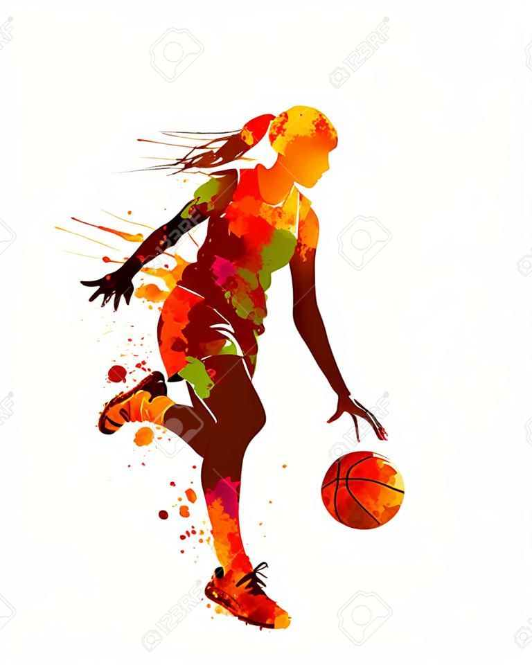 Mulher jogador de basquete. Splash tinta aquarela em um fundo branco