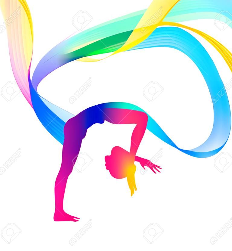 Rhythmische Gymnastik. Vektorsilhouette eines Mädchens mit mehrfarbigen Linien