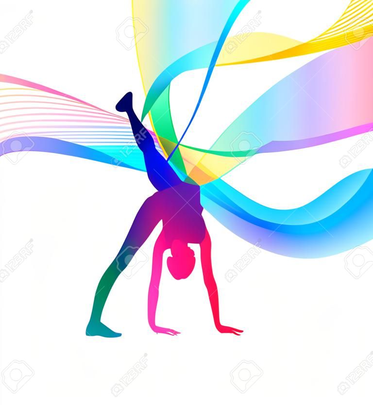 Rhythmische Gymnastik. Vektorsilhouette eines Mädchens mit mehrfarbigen Linien