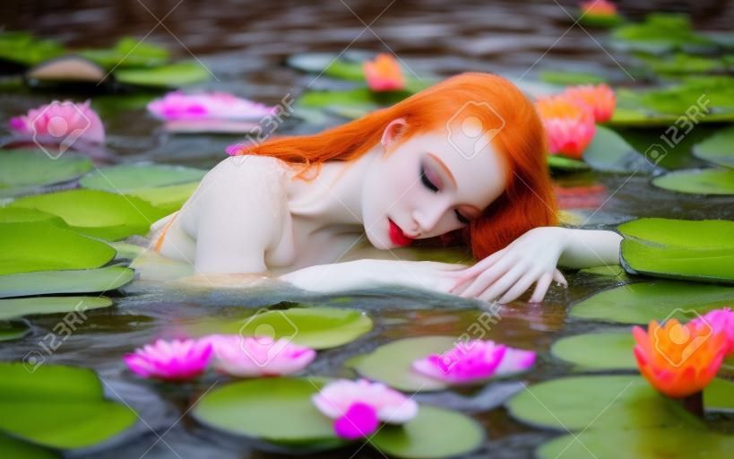 Delicado jovem sexy ruiva mulher Ophelia nada sensualmente sedutora seduz sensual na água, lago, lagoa, pântano com lírios de água rosa.